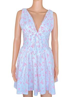 Express Country Side Cottagecore Dress Pink White Floral Deep V Neckline Feminie